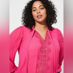 Torrid Chiffon Clip Dot Ruffle Neck Tie Front Top